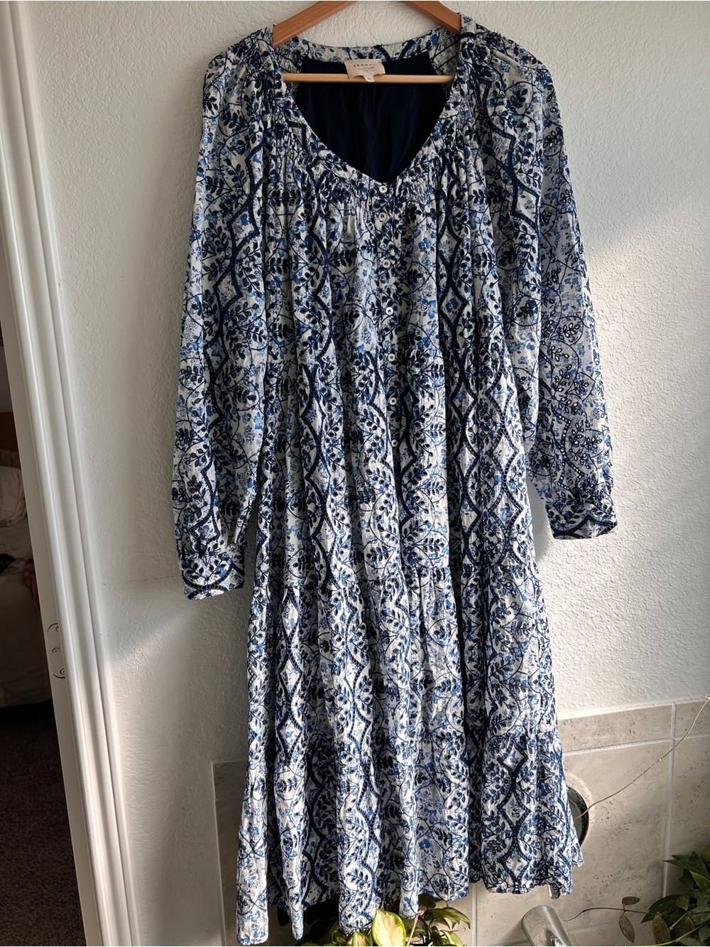 Sezane Yuliana Blue and White Printed Long Sleeve Women's Dress